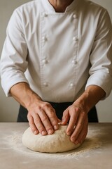 Chef Kneading Dough on Floured Surface – Artisan Baking, Traditional Bread Making, Culinary Skills, Homemade Food Prep, Bakery Process, Hands-on Cooking Concept