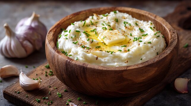 A wooden bowl of creamy mashed potatoes topped with melting butter and chives