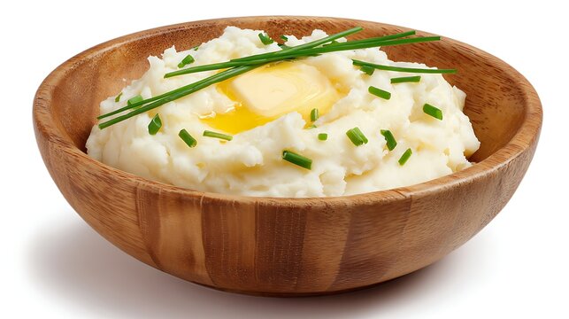 A wooden bowl of creamy mashed potatoes topped with melting butter and chives