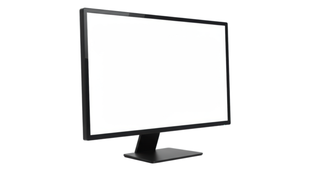 A modern flat-screen computer monitor with a sleek black bezel and matching stand, displaying a blank transparent screen, isolated against a clean white background with no shadows, captured in a 3/4
