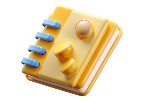 Yellow 3 D style guide book with blue binder rings and round yellow buttons isolated on a transparent background