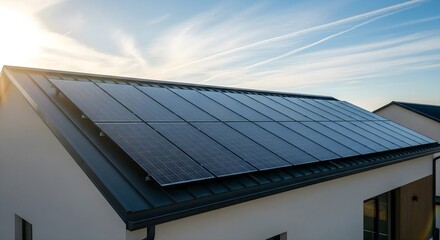 Fototapeta premium Solar panels on a house roof for clean energy concept against a blue sky