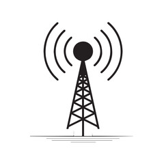 Simple black and white graphic icon of a radio tower with radiating signal waves symbolizing communication and broadcasting