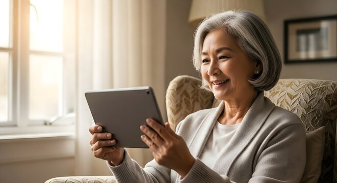 Smiling mature woman using a tablet at home near a sunlit window