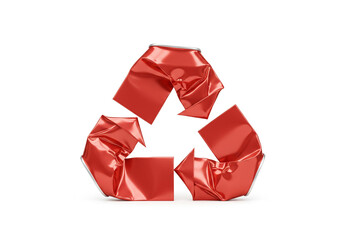 Red recycling symbol made of crushed aluminum cans on a white background in a studio shot isolated
