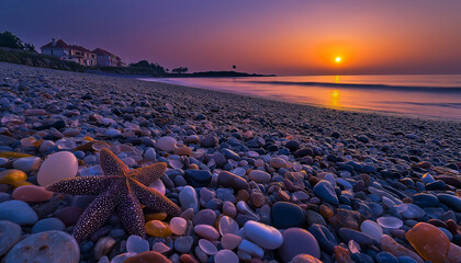 AI generator images of Beautiful sea sunset and sun glare on wet colorful pebbles. The sandy beach is made from colored pebbles and glass bottles that have been etched into round shapes