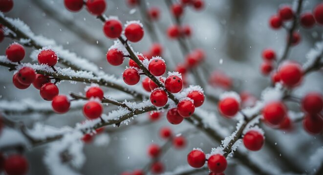 Red berries covered in snow on branches, close-up winter scene.