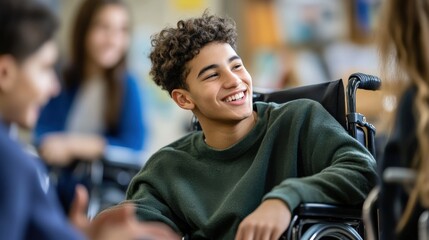 Teenager in wheelchair laughing with classmates.