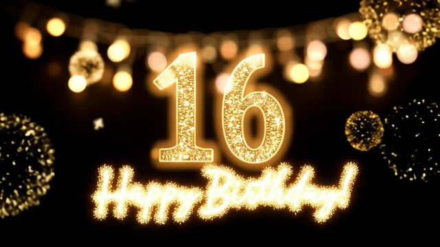 Elegant Glowing Golden Sweet 16 Birthday Animation With String Lights On Dark Background - Powered by Adobe