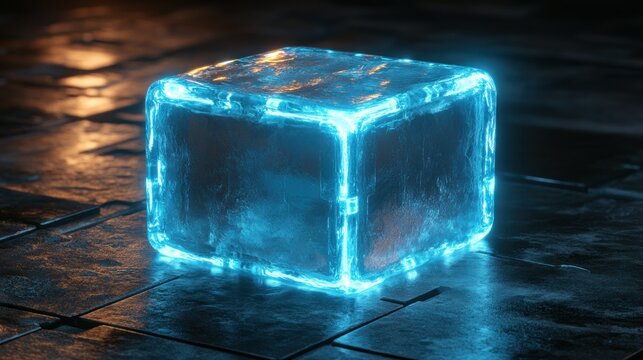 Glowing blue cube on dark floor