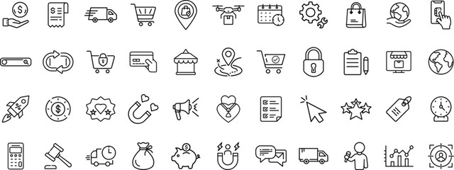E-Commerce and Digital Marketing Icon Set for Online Shopping, Logistics, and Customer Engagement.