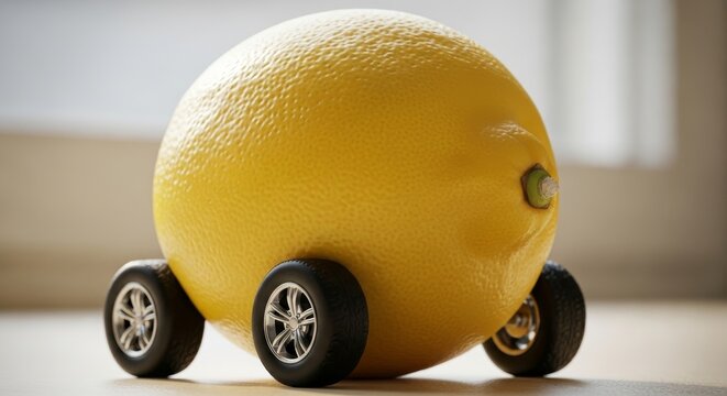 Creative concept of a lemon transformed into a quirky car with four black wheels. A humorous visual pun representing the term "lemon car"