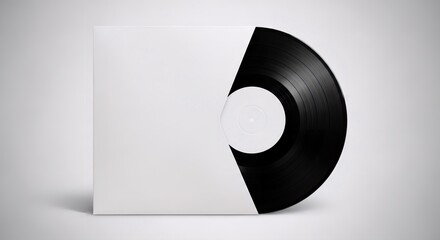 Sleek black vinyl record peeks from a stark white sleeve, evoking nostalgia and the enduring appeal of analog music in a minimalist style.