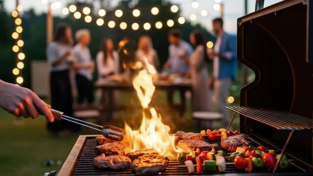 Evening backyard barbeque party with friends cooking delicious food on the grill under festive