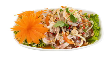 Yum Woon Sen Talay
A vibrant Thai-style spicy glass noodle salad featuring shrimp, squid, minced pork, and crunchy vegetables tossed in a tangy chili-lime dressing. Garnished with peanuts and herbs fo