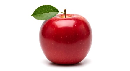 A shiny red apple with a vibrant green leaf rests against a crisp white background, inviting healthy eating and fresh produce consumption.