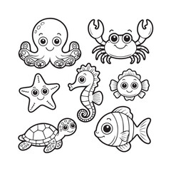 Fototapeta premium Collection of cute cartoon black and white sea creatures including octopus crab starfish seahorse clownfish turtle and fish