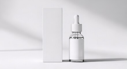 Sleek glass dropper bottle mockup with label stands next to its box on a minimalist white backdrop perfect for showcasing cosmetic, CBD, or pharmaceutical products.