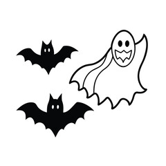 spooky halloween ghosts and bats silhouette vector