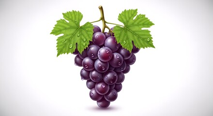 Fototapeta premium Delicious purple grapes with fresh green leaves glisten against a crisp white background, showcasing the natural sweetness of this healthy, juicy fruit.