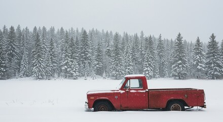 Red vintage truck parked in a snowy field with a backdrop of evergreen trees during a snowstorm.