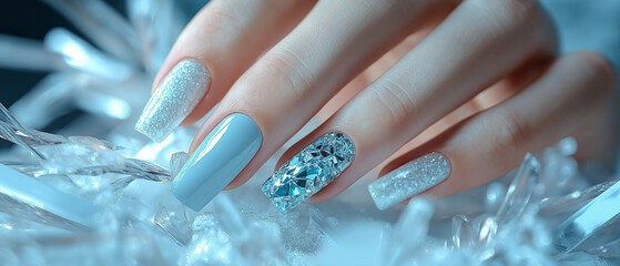 AI generator images of Glamour woman hand with ice blue color nail polish, womans blue nail polish with diamonds on the nails