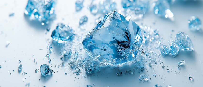 AI generator images of Sparkling faceted diamond sits on reflective surface, large brilliant cut diamonds set against a background of smaller Blue Diamonds Jewels Transparent gemstone