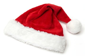 Red and White Santa Hat with Pom-Pom on White Background