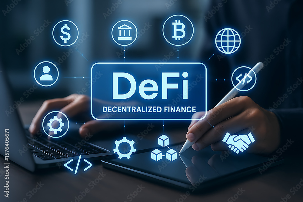 Poster modern decentralized finance digital workspace showing futuristic defi ecosystem icons with blockcha