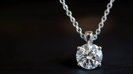 Close-up of a brilliant solitaire diamond pendant on a delicate chain against a black background.