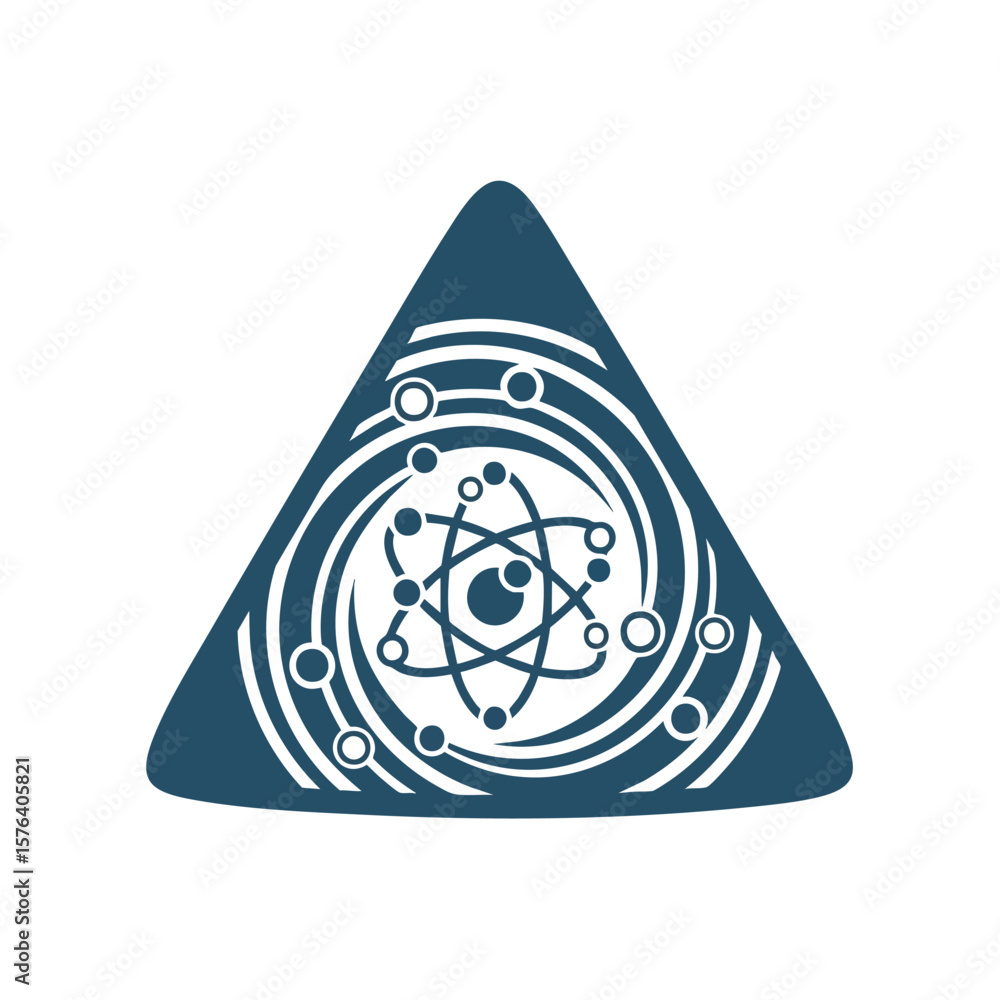 Poster scientific atom tech triangle design. this stylized geometric illustration combines atomic structure