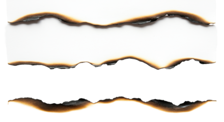 Three horizontal paper strips with dynamically torn, heavily burnt edges, intricate charring, ash, and curling in varied tones against a transparent studio background with uniform lighting,