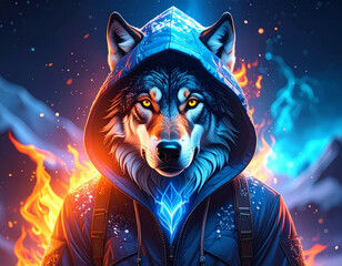 A wolf with hoodie with half ice and half fire, Generative ai