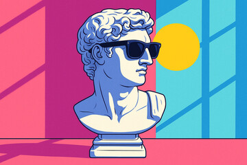 Cool roman bust wearing sunglasses against a vibrant geometric background