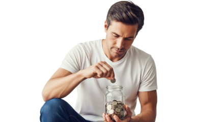 A thoughtful man in a white tshirt and jeans carefully places a coin into a glass jar filled with money, illustrating the concept of saving and financial planning isolated on transparent background
