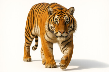 Fototapeta premium Majestic tiger walking forward with intense gaze on white background