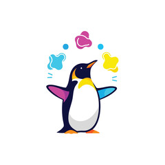 Vibrant Penguin Juggling Abstract Forms. A cheerful arctic bird balances vivid, irregular elements, representing agility, multitasking, and creative expression. Ideal for themes of entertainment or.