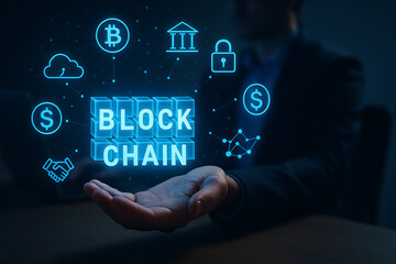 Futuristic blockchain technology concept with businessman interacting using digital interface to manage cryptocurrency data networks in secure and decentralized finance system