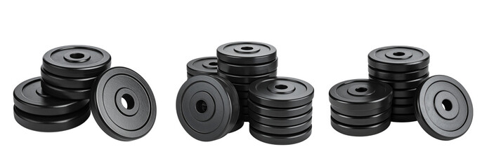 Stacked black weight plates for strength training and fitness equipment are displayed isolated on transparent background