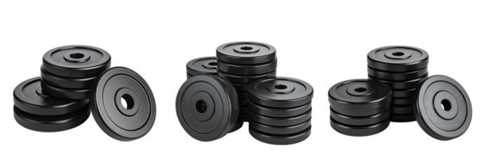 Stacked black weight plates for strength training and fitness equipment are displayed isolated on transparent background