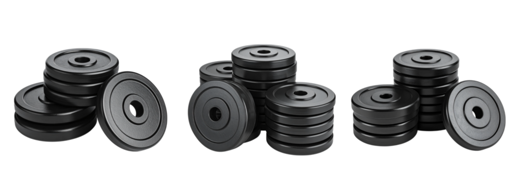 Stacked black weight plates for strength training and fitness equipment are displayed isolated on transparent background