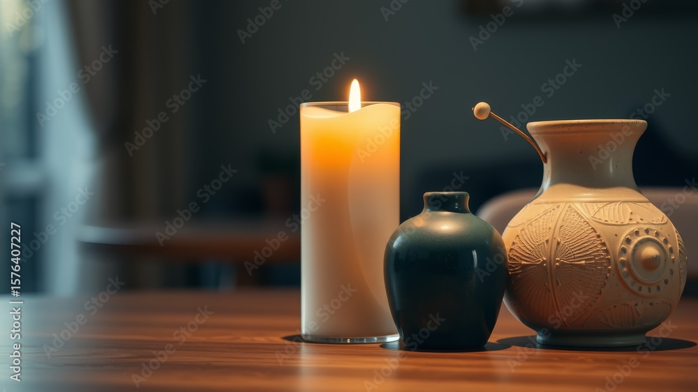 Aufkleber still life of a candle and two vases on a wooden table creating a warm and inviting atmosphere indoo
