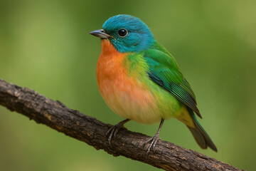 Fototapeta premium Vibrant blue and orange bird perched on a branch with green background