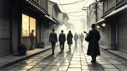 Obraz premium Atmospheric Old Town Street with Musician and Pedestrians