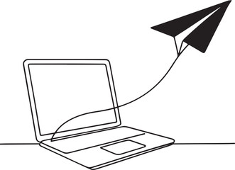 Laptop with Paper Plane Line Drawing for Startup and Innovation Concept