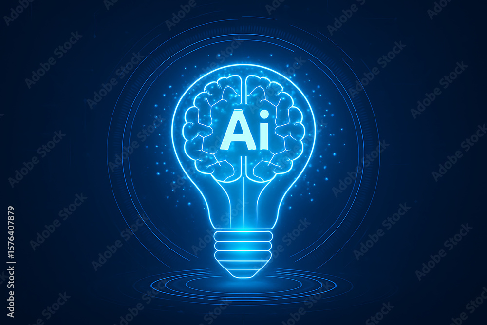 Poster glowing lightbulb with brain representing artificial intelligence innovation and futuristic idea gen