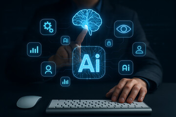 Business professional selecting artificial intelligence brain icon using futuristic computer dashboard showing neural network and digital data processing interface