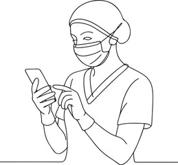 Nurse Checking Phone in Mask Line Drawing for Healthcare and Technology Theme
