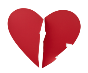Broken red heart showing breakup or divorce with transparent background
