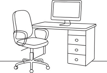 Office Desk Setup with Computer Line Drawing for Workplace Concept